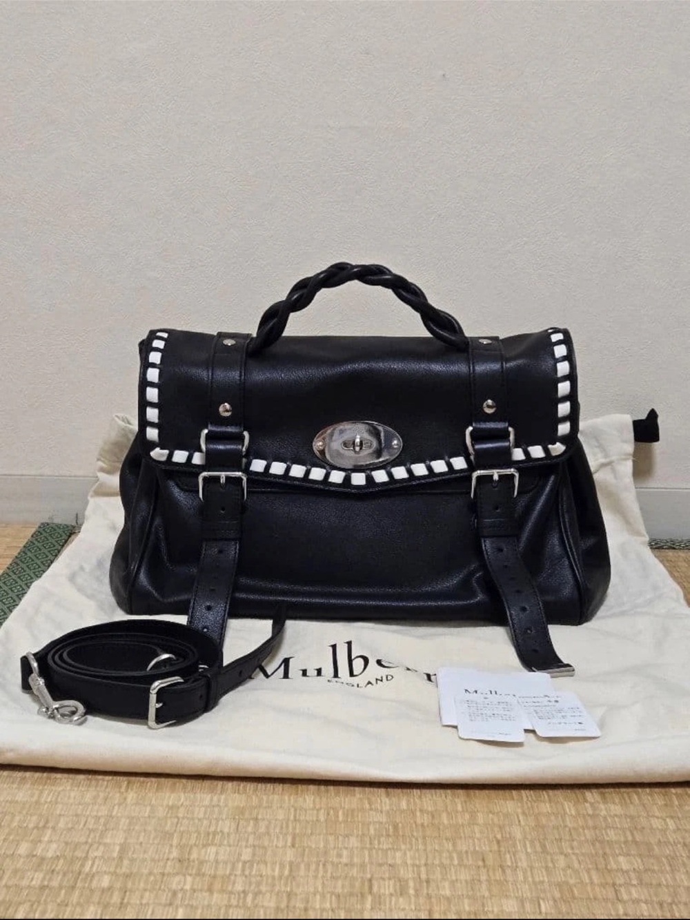 Mulberry Black Leather Satchel with White Trim